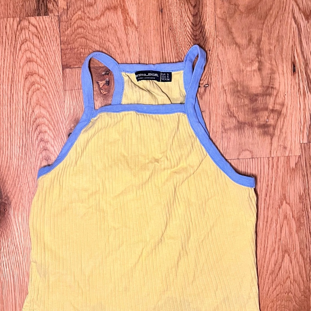 Bershka Yellow Ribbed Halter Tank with Blue Trim